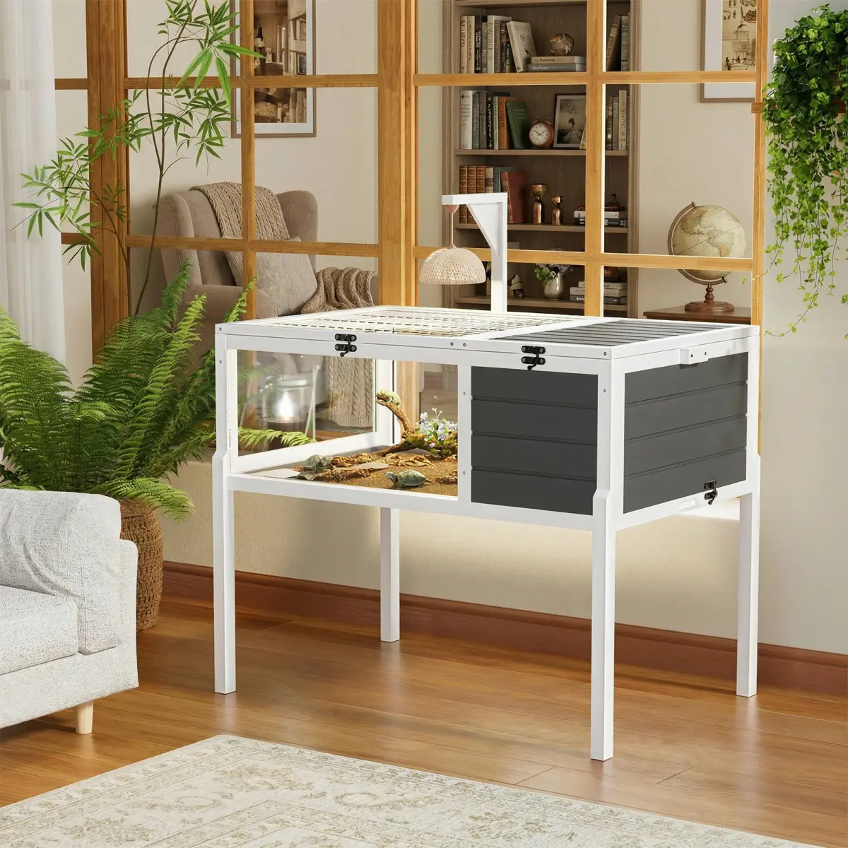 Aobtkel Tortoise House Reptile Habitat, 39.5 Inch Wooden Tortoise Enclosure with Lamp Holder, 3-Side Observation Windows, 2 Waterproof Sliding Trays, Detachable Legs, Easy Clean Turtle Cage for Turtles Lizards Geckos Indoor Outdoor