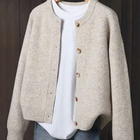 New Women's Loose Fit Elegant Outdoor Round Neck Button Front Solid Knit Sweater, Knitwear For Fall, Spring Y2K Cute Fashion Winter Casual Top
