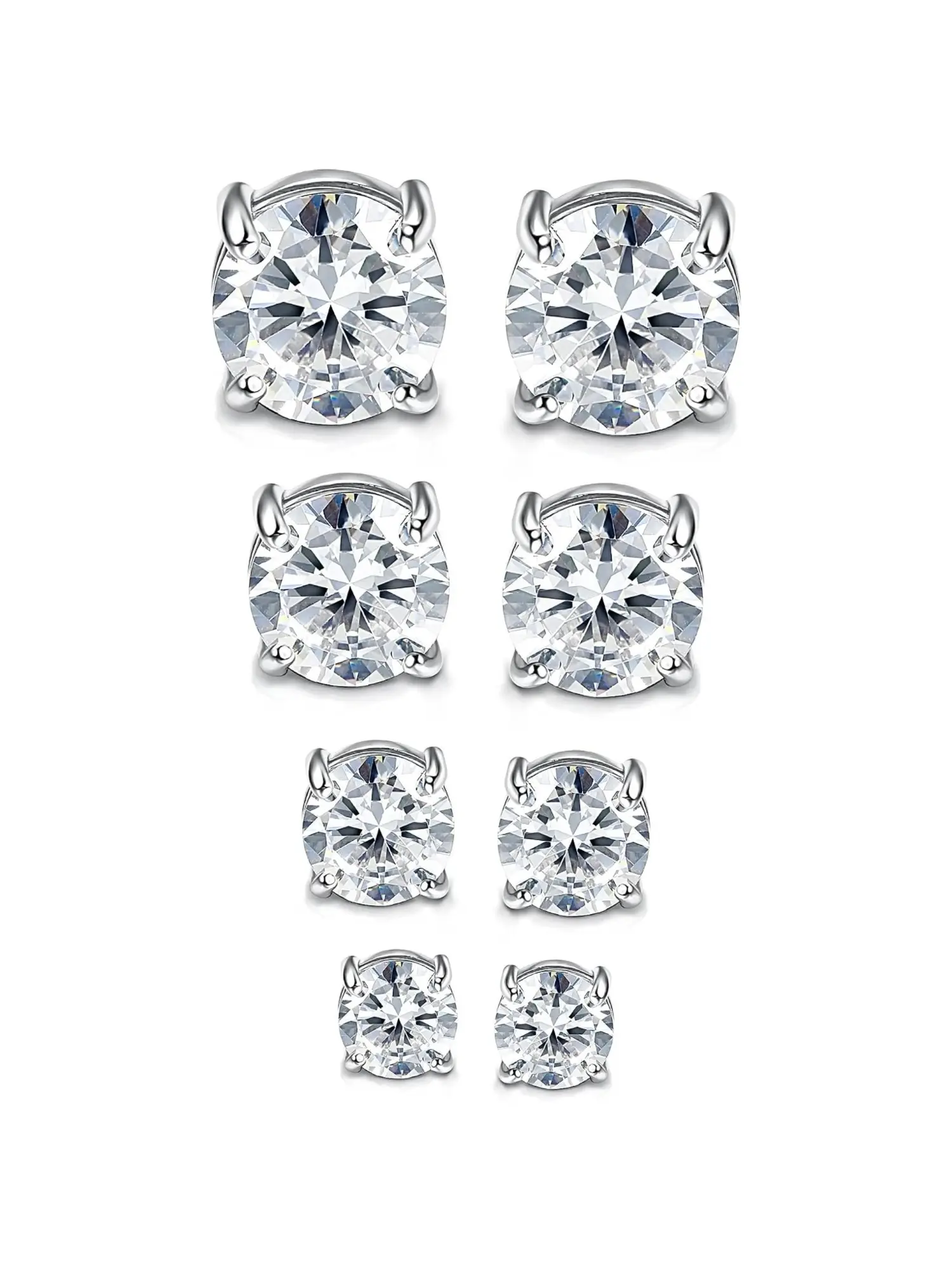 Luxurious 4 Pairs Silvery 304 Stainless Steel Magnetic Stud Earring Collection Non‑piercing Magnet‑held Ear Studs for Unisex Luminous Zirconia Magnet Multi‑size Prong‑set CZ Designs Comfortable Wearable Ornaments Lovely Gift for Birthday Daily Wear