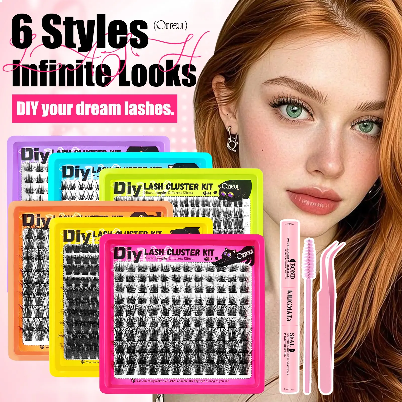 Orreui Six-Color Voluminous Lash Extension Kit, Segment DIY False Lashes, Fluffy Lash Clusters, 8-16mm Mixed Lengths, Includes Glue, Tweezers, Brush, Beginner-Friendly