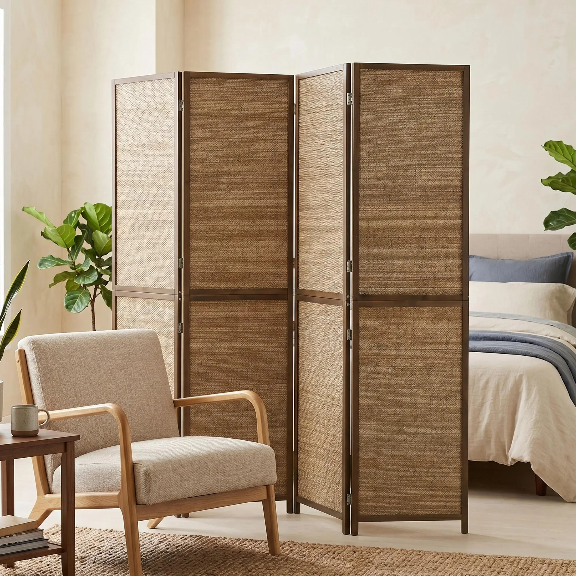 Room Divider 4 Panel, 6FT Tall Folding Privacy Screen, Hand-Woven Bamboo Partition Wall, Freestanding Room Separator for Bedroom, Living Room, Office, Apartment, Home Decor, Portable Folding Screen, Space Divider, Brown