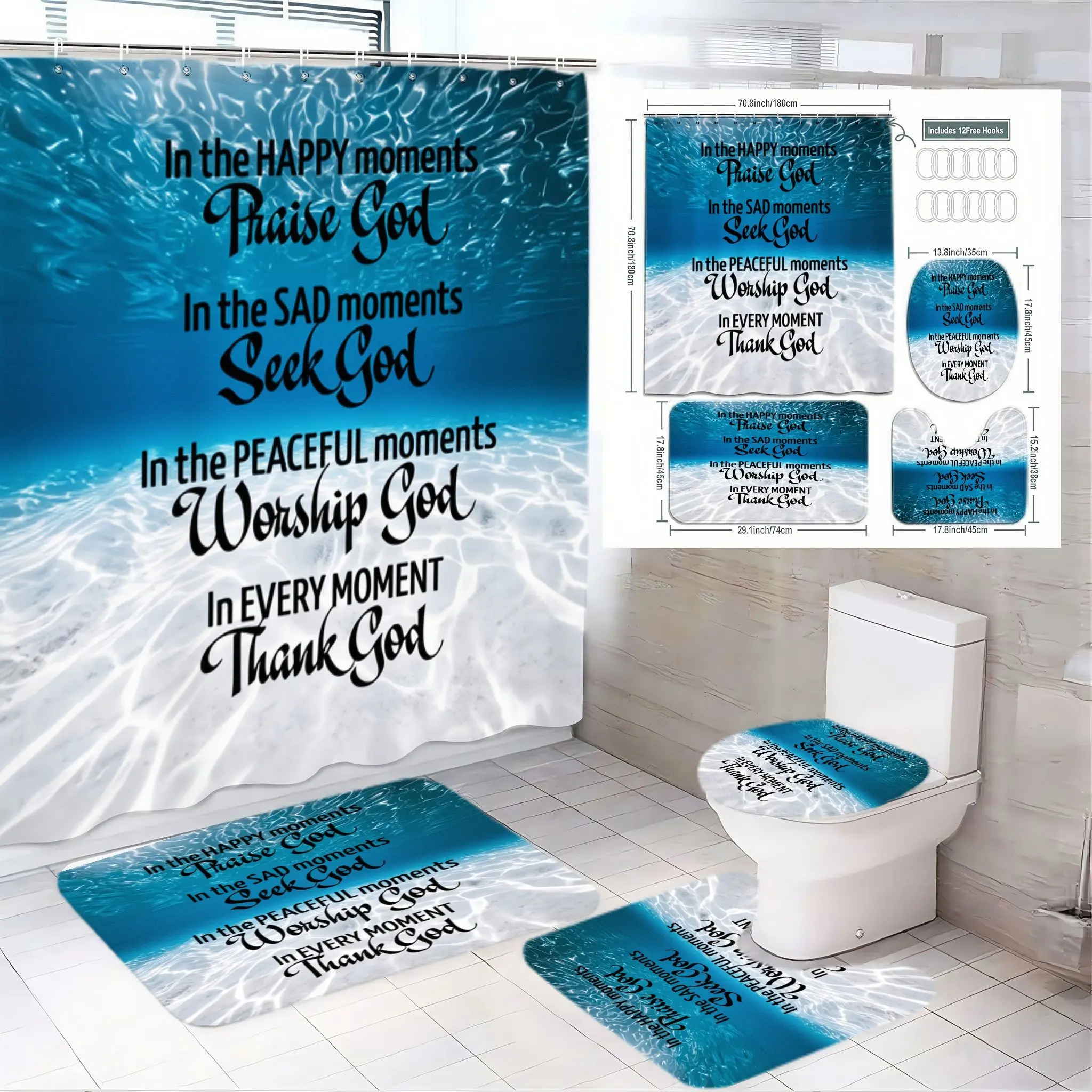 4pcs Inspirational Water-Themed Bathroom Decor Set with Motivational Religious Shower Curtain, Matching Toilet Seat Cover & Floor MatsThe floor mat fabric is thicker and softer!  - "In Every Moment Thank God" - Serene Spiritual Home Accent for Peaceful Sp