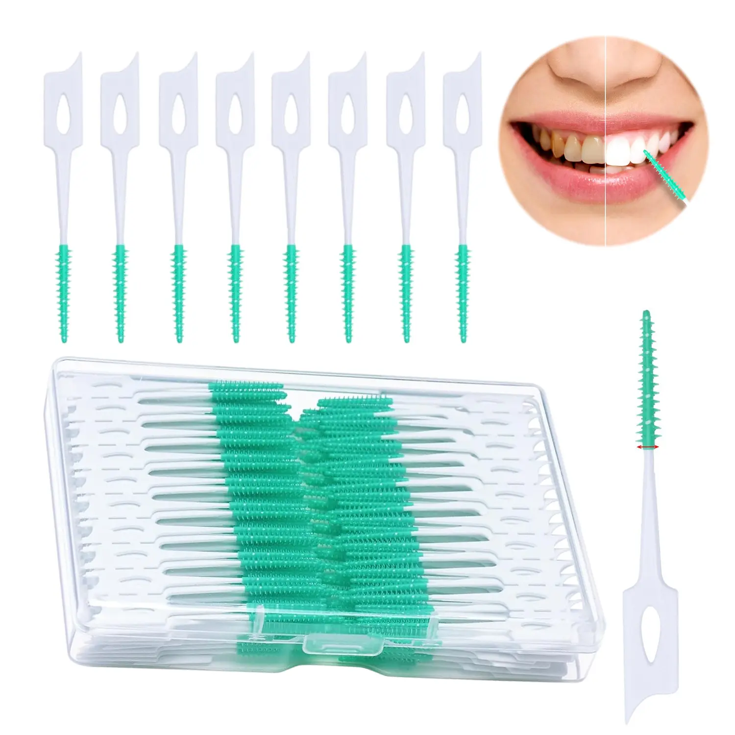 220 Count Green Silicone Interdental Floss Picks, Disposable Soft Silicone Tooth Cleaning Brushes with Portable Storage Case, Deep Clean Dental Picks for Narrow Gaps & Braces Oral Care