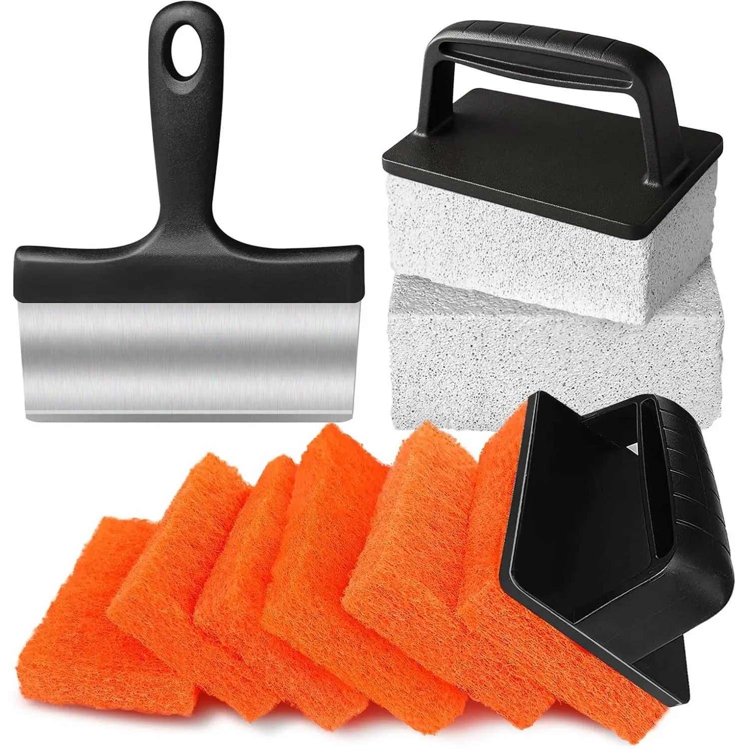 Griddle Cleaning Kit for Blackstone,11 Pieces Flat Top Grill Cleaning Kit with Grill Stone,Griddle Scraper,Scouring Pad and Handles,Cleaner Tool Set Griddle Accessories for Rusty Grills [Black+Orange]
