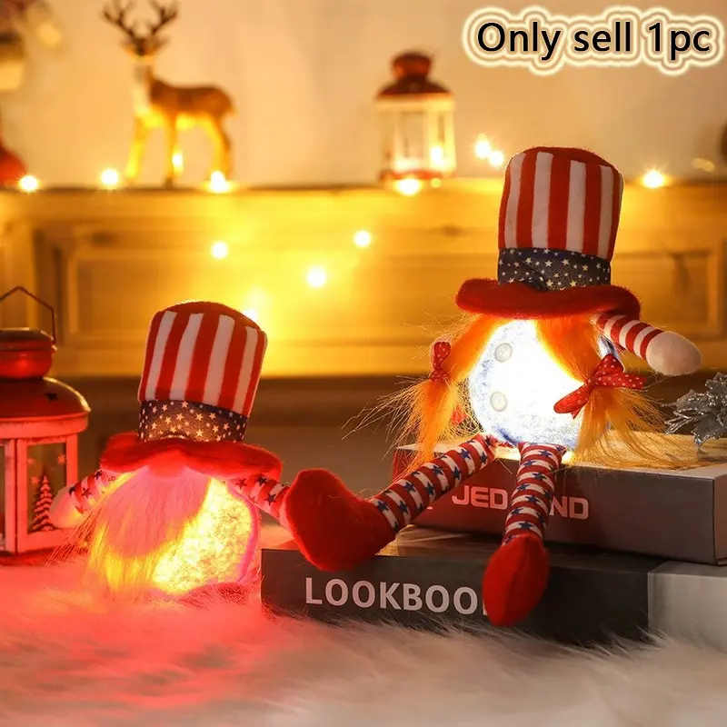 1pc Independent Day Lighted Beard Elderly Decoration, High Hat Star Short Leg Doll Ornament, Festival Party Scene Decorative Small Ornament