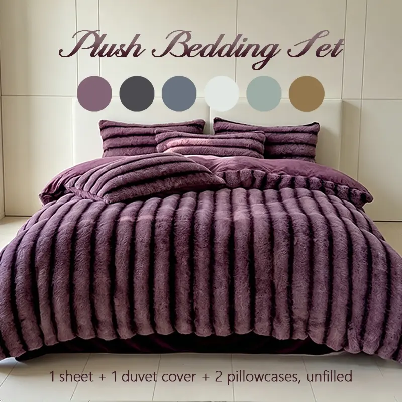 Cozy Plush Striped Bedding Set, Bed Sets, Soft Fluffy Duvet Cover + Sheet + Pillowcases, Warm Fuzzy Bedding for All-Season Bedroom Comfort