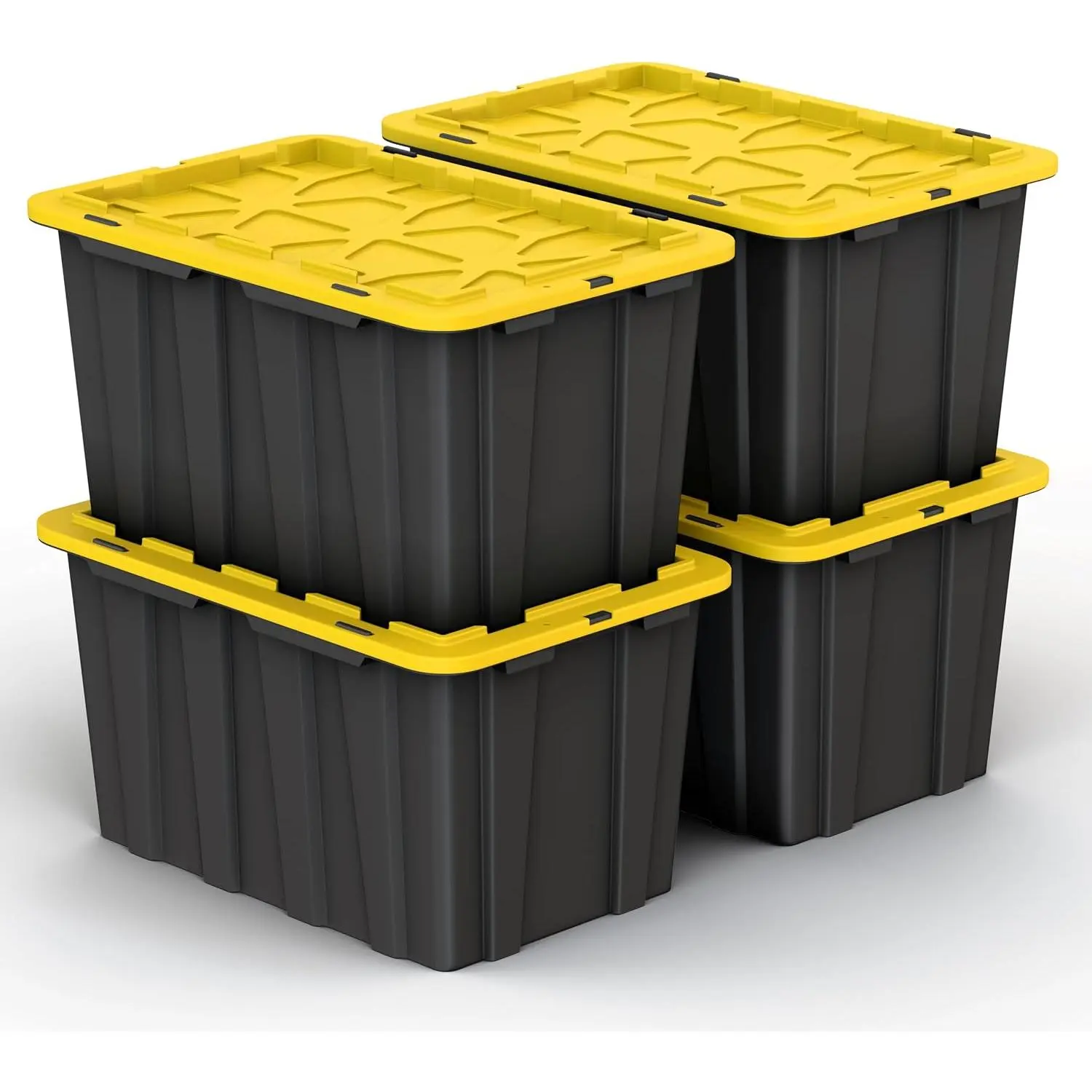 4 Pack of Large 17 Gallon Black & Yellow Storage Bins - Heavy Duty Plastic Tote Organizing Container with Secure Latching Lids, Stackable, Extra Strength with Built-in Handles, 24.5x16.5x13.5 Inches