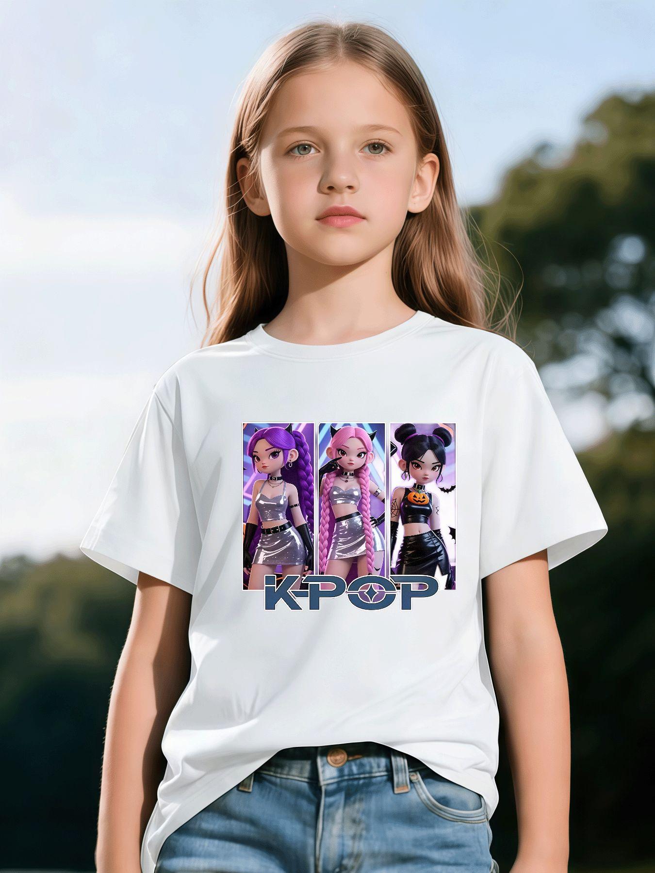 1K-POP Cartoon Girl Group Print, Skin-friendly, Breathable, Trendy and Eye-catching Short-sleeved Top, Perfect for Girls' Idol-chasing and Party Outfits, a Must-have for Black Friday, Valentine's Day, and Other Holidays, Full of Trendy Vibes and Super