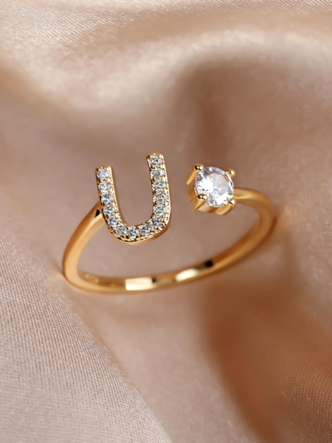 Summer 2026 Creative Letter Cuff Ring with Artificial Zircon Decor, Adjustable Open Ring, Fashion Jewelry for Women & Girls