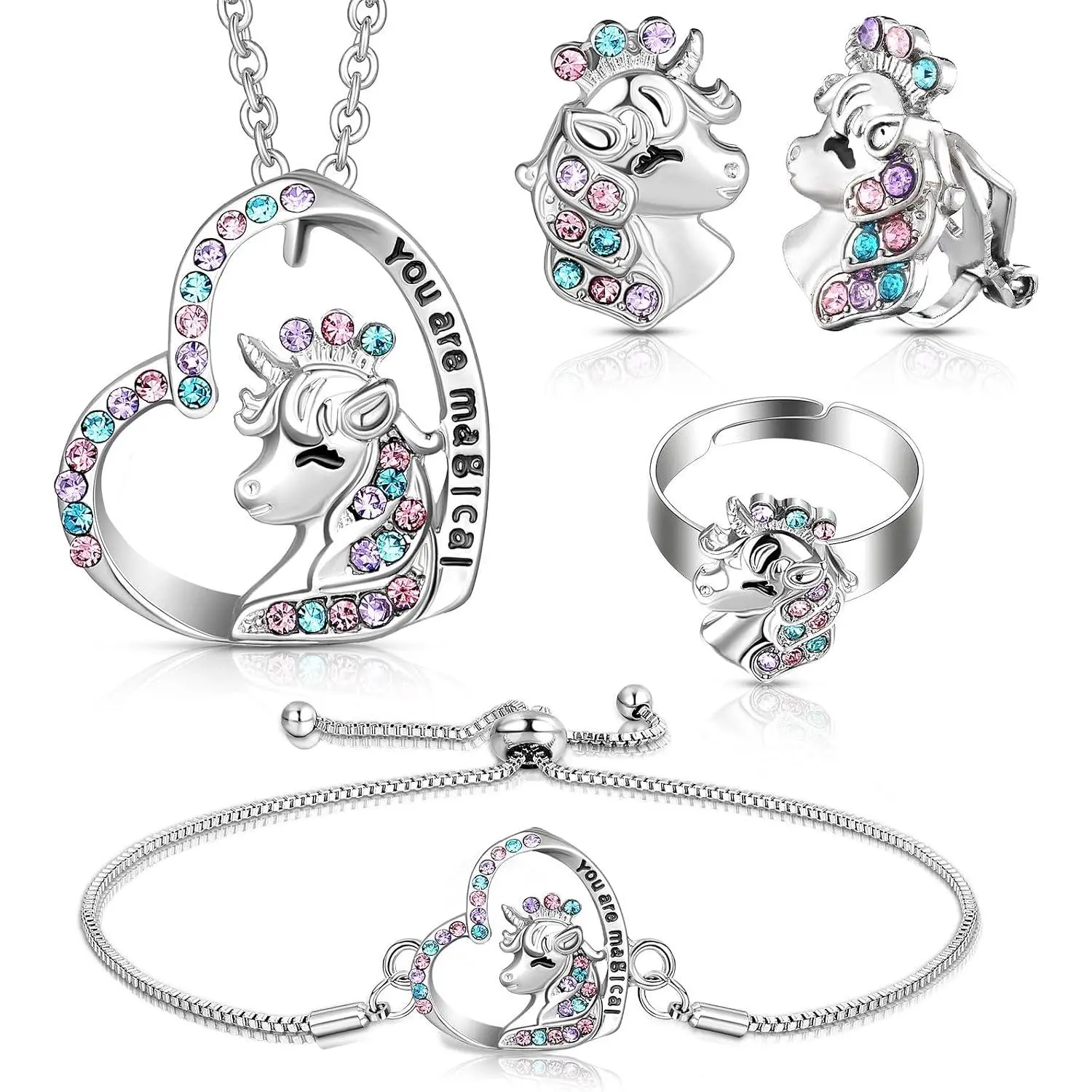 4 count Girl Unicorn Axolotl  Set | Necklace Bracelet Ring Clip  Earrings,  Little Girls , Dress up Pendant Gifts for  Birthday Party