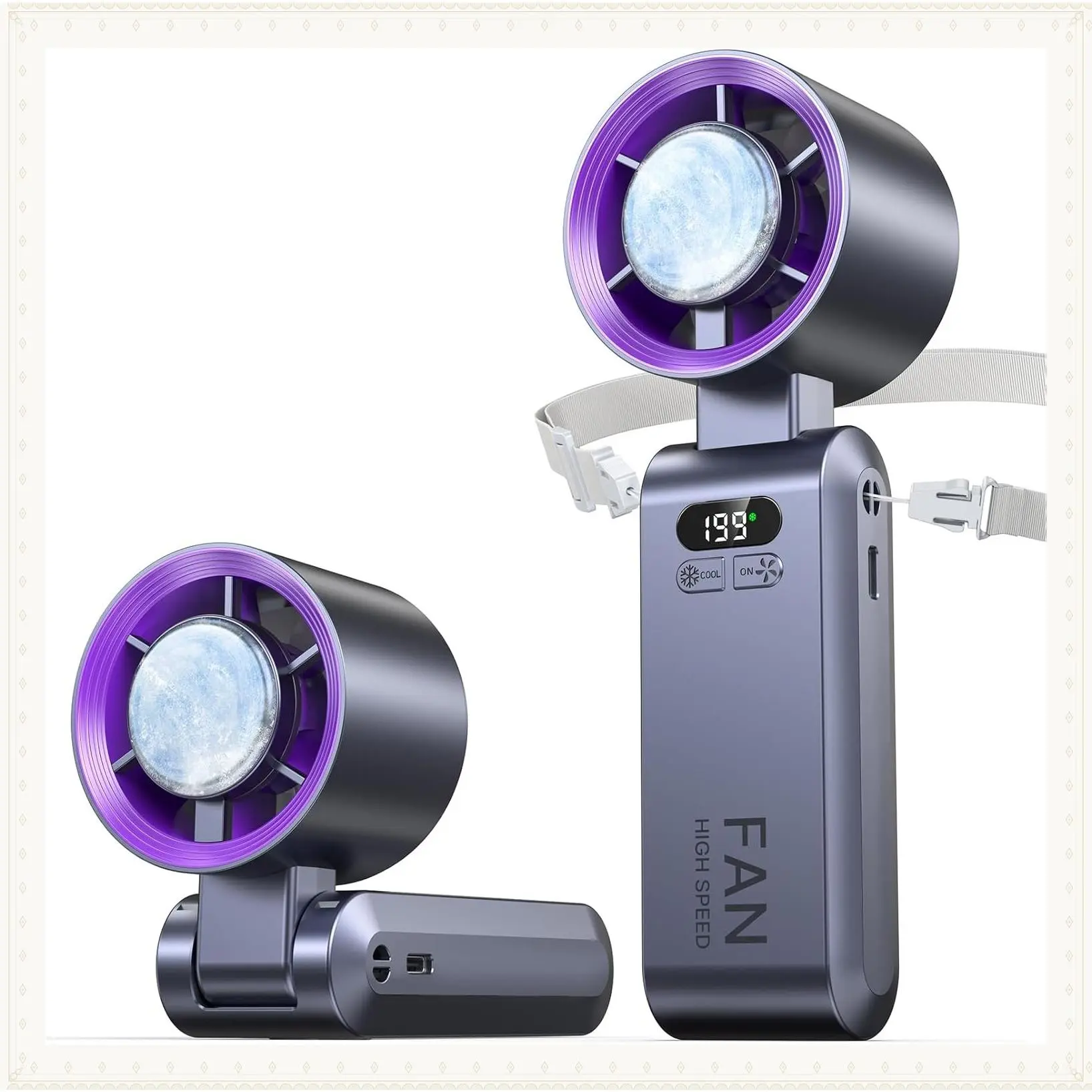 Portable Handheld Turbo Fan with Ice Cooler, 20000 RPM Rechargeable Personal Fan, 1-199 Speed Settings, Small Pocket Fan for Travel/Outdoor/Home/Office, PurpleGift