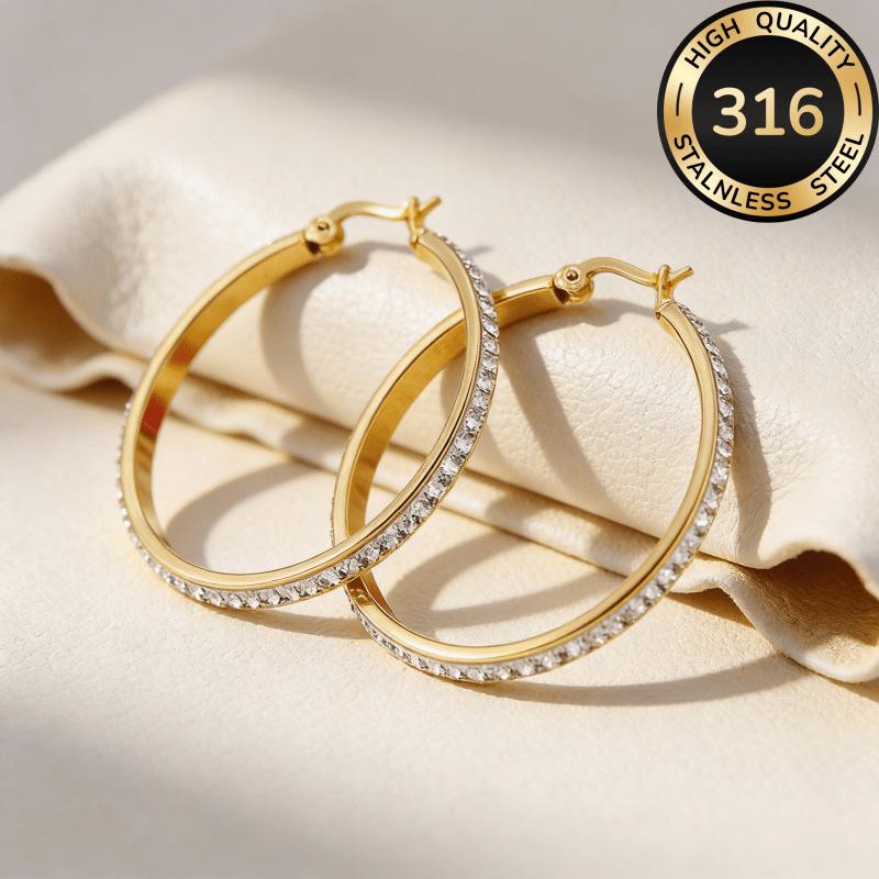 Round stainless steel diamond-encrusted earrings, a fashionable and light luxury accessory for women with large circular stud earrings