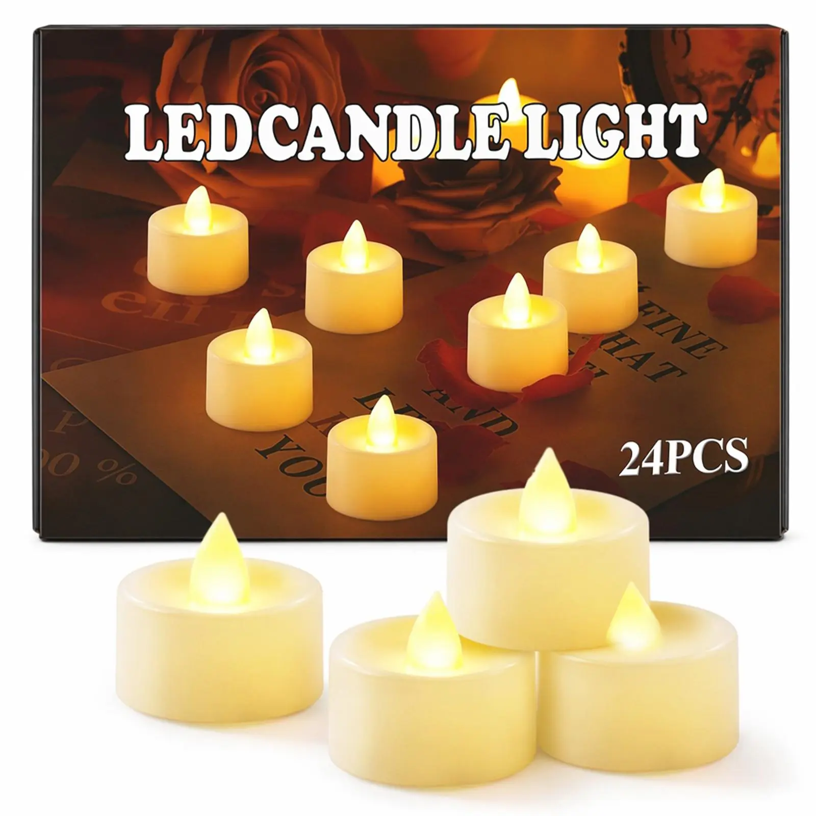 24-Pack Battery Operated LED Flameless Tea Candle Lights, Bright Realistic Flickering Warm White Candles with 200 Hours Long Service Life, Batteries-Included for Valentine's Day, Children's Day Decor