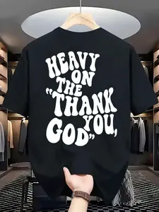 American Style Bubble Print Heavy Thank You God Letter Short Sleeve Men's Crop Top, Loose Fit Cotton T-Shirt, Casual Unlined Design