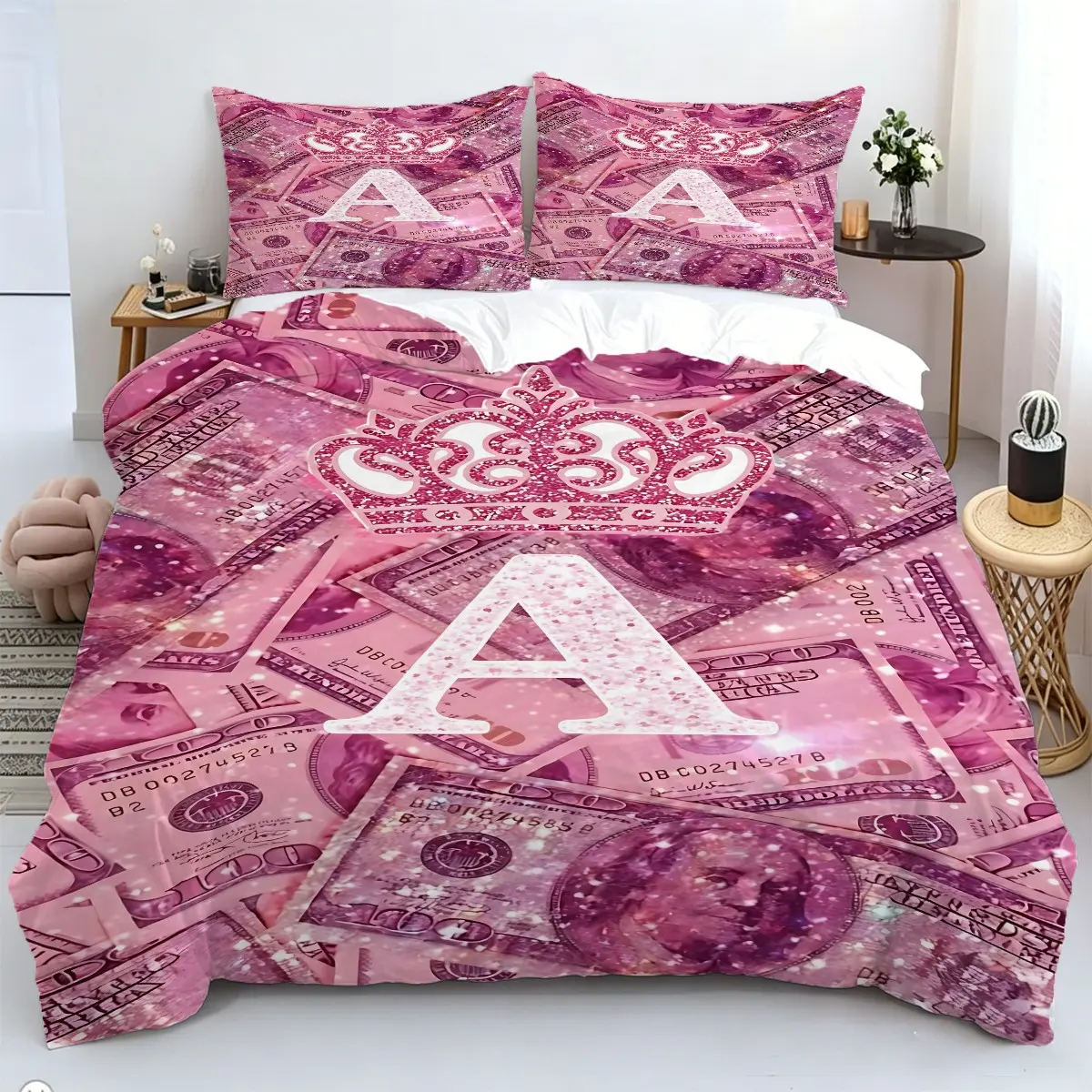 2/3 Pcs Pink Banknote Printed Duvet Cover Set, Luxurious Crown Letter Patterned Bedding Set, Soft And Breathable Ultra-Fine Fiber Fabric,1 Duvet Cover And 1 Or 2 Coreless Pillowcases/Zipper Closures,Hip-Hop Style, Suitable For Decorating Teenage Bedroom