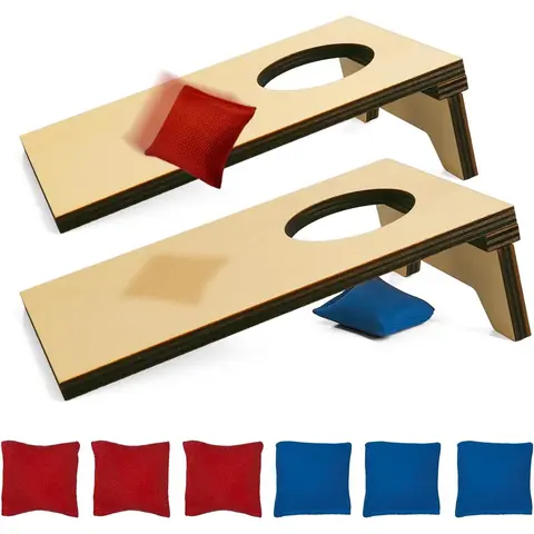 2PCS Small Rectangular Rustic Wooden Tabletop Cornhole Boards Set with Legs, 4.7x7.7in Compact Design, 8 Bean Bags Included, Portable Outdoor Play Game for Travel & Home Party Fun