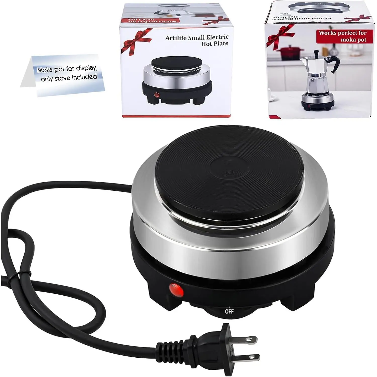 500W Mini Electric Hot Plate - Moka Pot Special, 110V Compact RV Camping Stove, 4" Cast Iron Burner for Coffee, Low Wattage Portable (Silver)