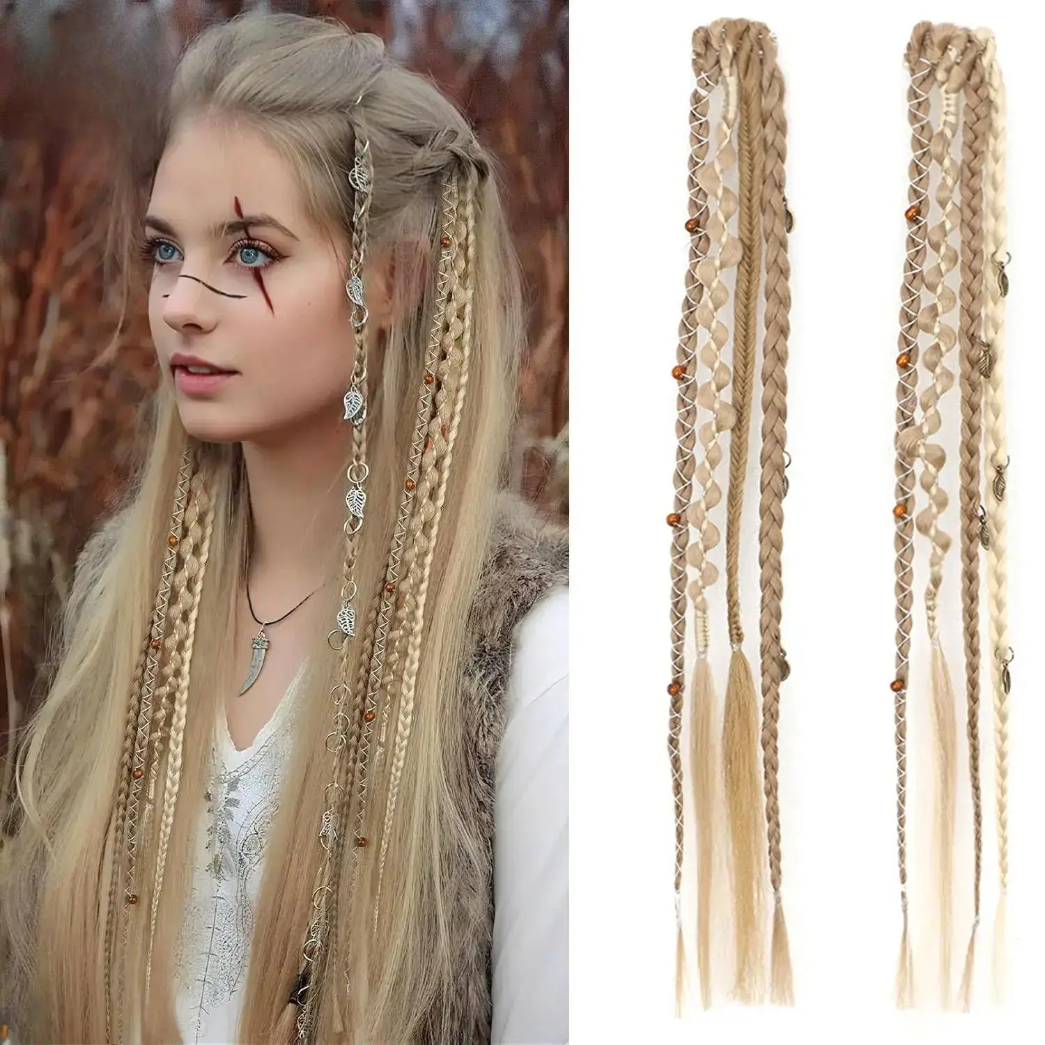 2Pcs Boho Braided Hair Extensions, Maillard Synthetic Dreadlocks with Metal Charms, Viking Desert Cosplay Hairpieces