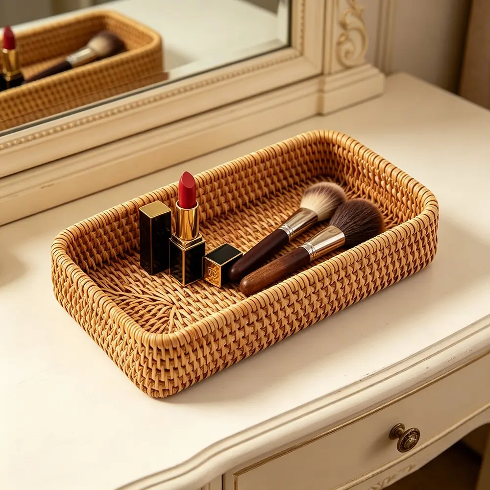 Mini Woven Storage Basket, Multi-Functional Tray for Tea, Food, Fruits, Home Organization, Stylish Living Room Decor