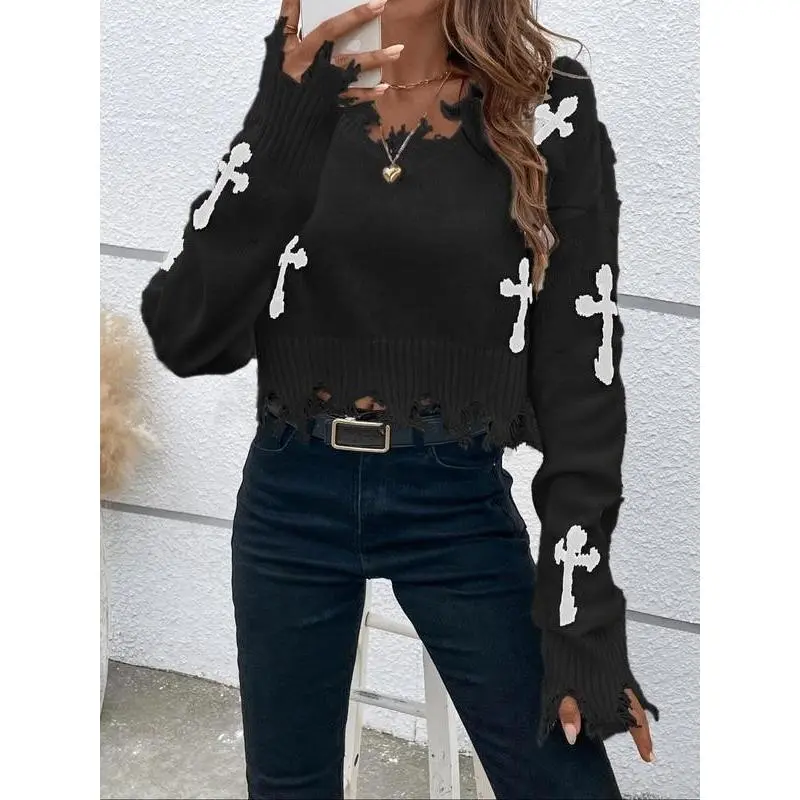 Women's Cross Pattern Frill Trim Ripped Sweater Casual Drop Shoulder Long Sleeve V Neck Jumper for Daily Wear Ladies Knitwear for All Seasons
