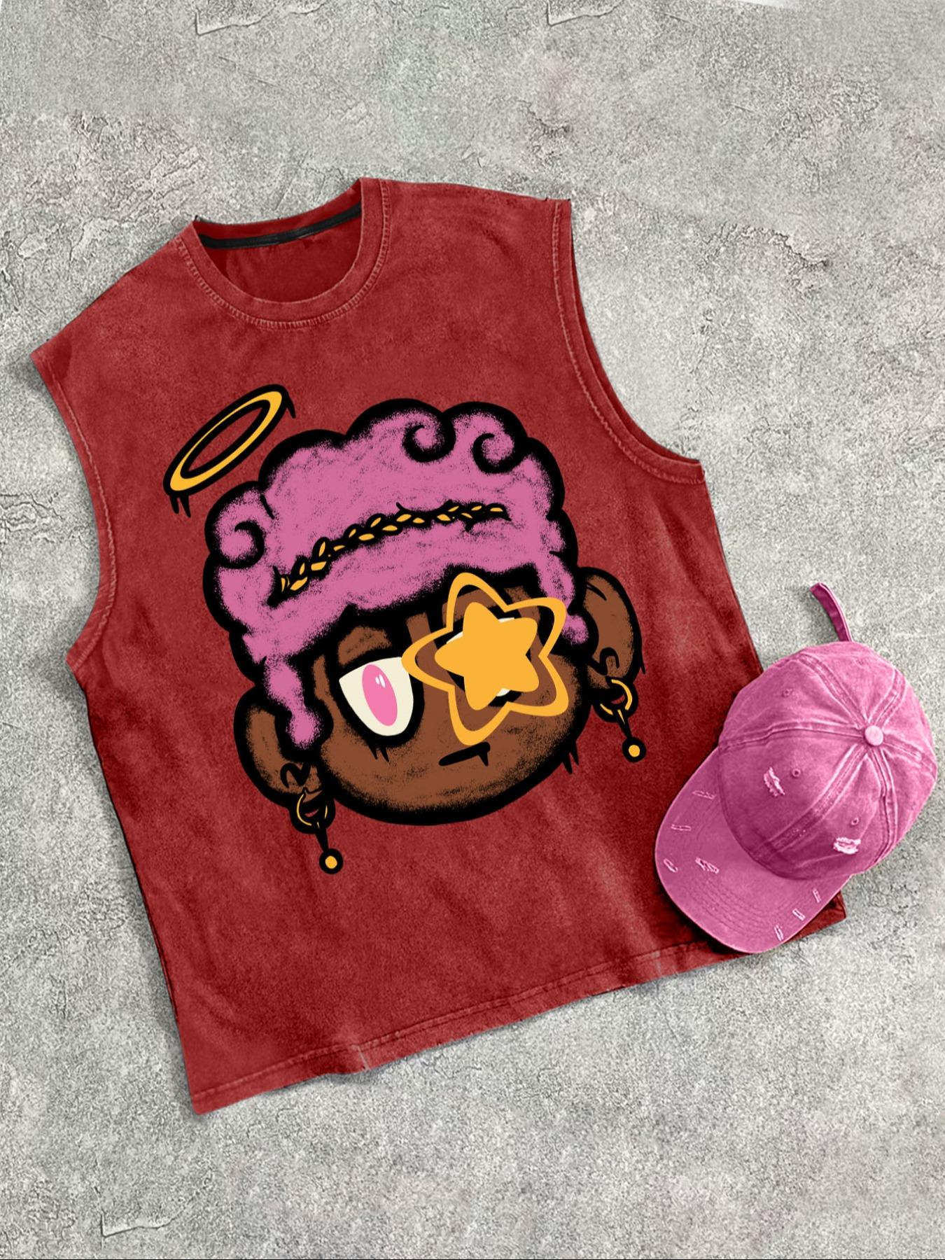 Men's Cartoon Print Tank Top, Regular Fit Casual Fashion Sleeveless Vest Top for Summer, Men's Clothes for Daily Wear, Clothing, Cotton Summer Tank Tops, Breathable Tank Tops