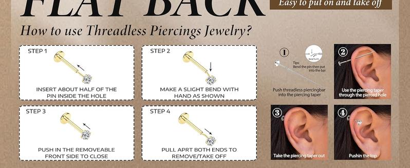 MILACOLATO Threadless Flat Back Earrings Studs 316L Surgical Steel Push in Nose Studs Rings CZ Tragus Cartilage Helix Conch Labret Lip Nostril Medusa Piercing Jewelry Hypoallergenic 20G 18G 16G