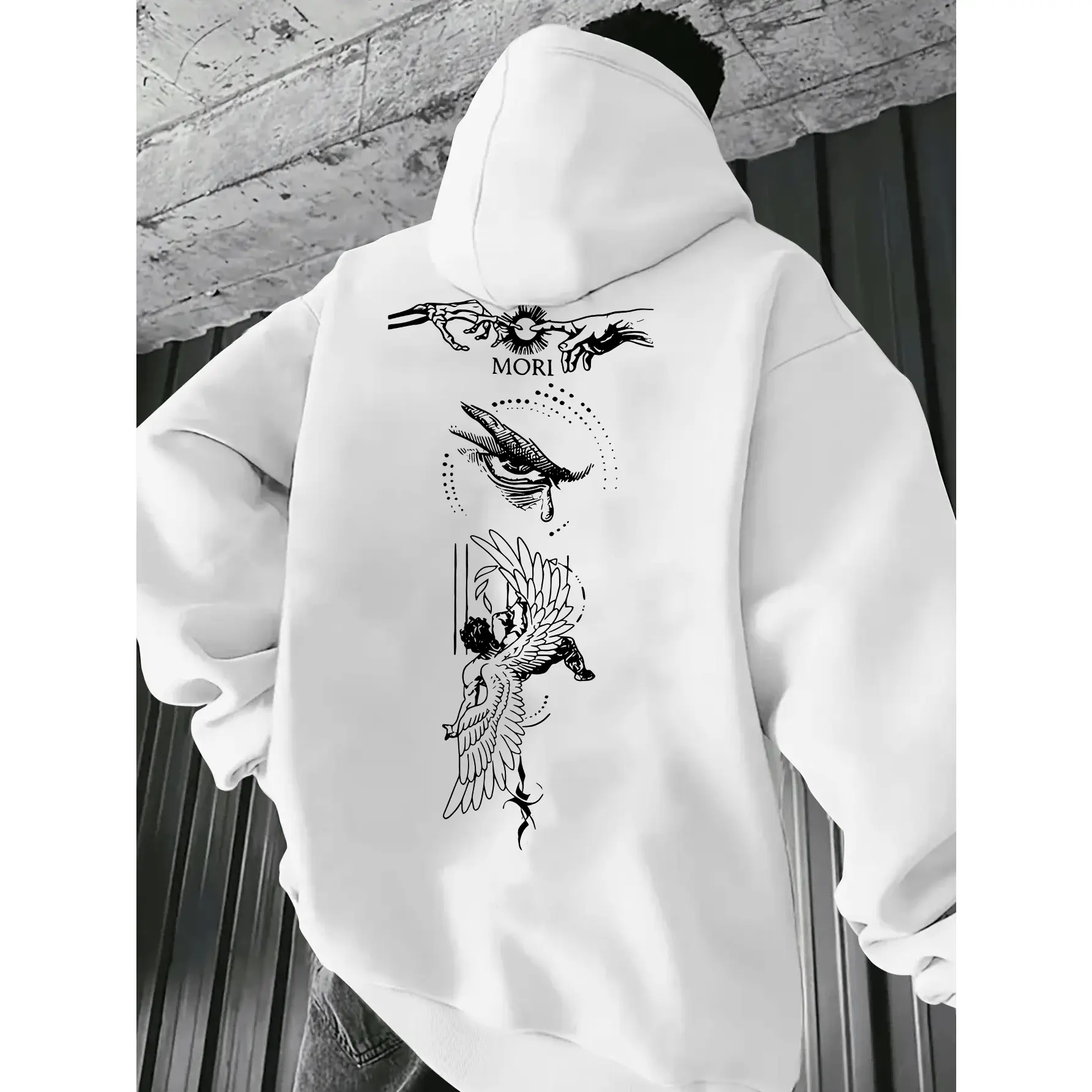 Dark and trendy style, men's hoodie with unique and mysterious visual elements and prints.