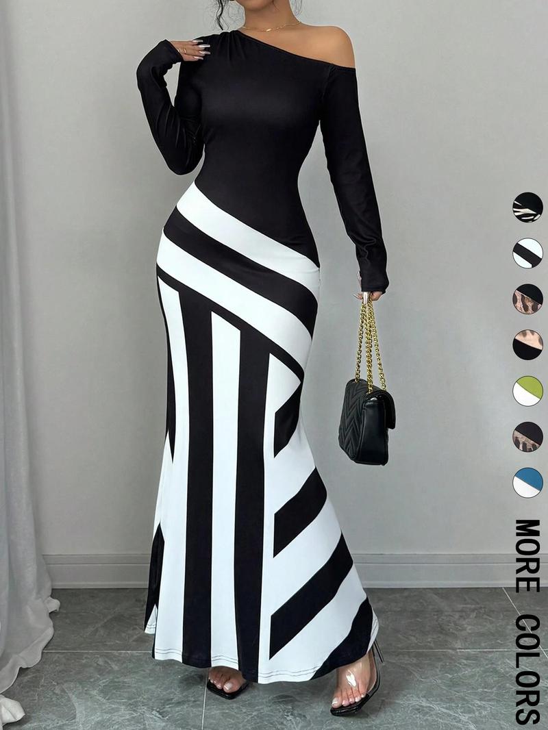 Women's Colorblock Striped Print Asymmetrical Neck Mermaid Dress, Elegant Fashion Long Sleeve Dress for Party Dating Wear, Women Dress for All Seasons, Formal Bodycon Dress