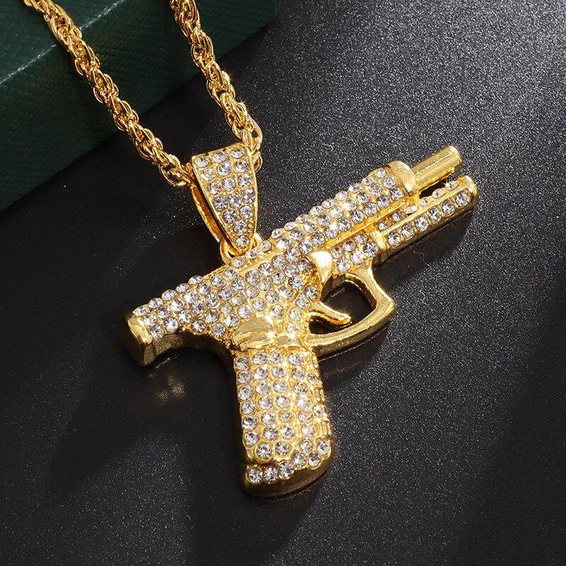 Bling Iced-Out Pistol Pendant Necklace for Men, Hip Hop Street Style Jewelry, Rhinestone Inlay Statement Accessory