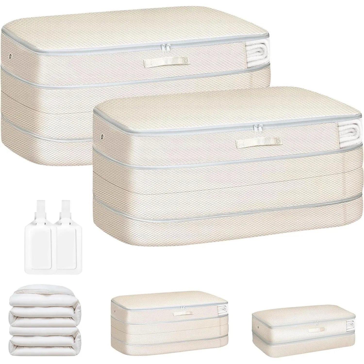 Large Capacity Self-Compression Storage Bags for Comforters, Blankets, Duvets & Pillows, Washable Space Saving Organizer, 2-Pack, BeigeGift