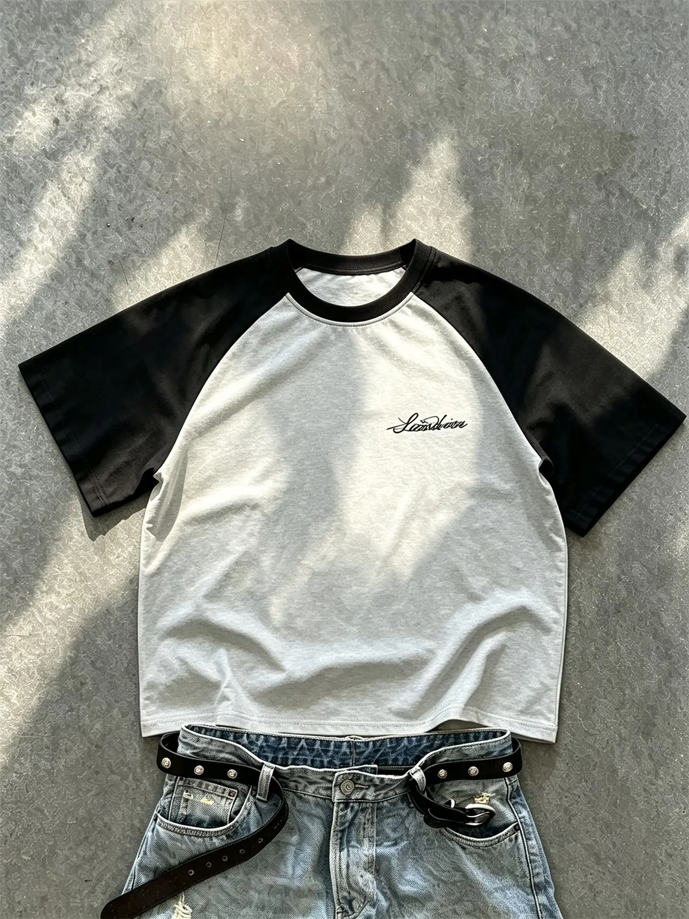 Unisex design, Street-style collegiate-inspired 100% cotton patchwork t-shirt, Casual style tee, with contrasting color letters, comfortable, perfect for everyday casual wear, ideal for couples, campuses, returning to school