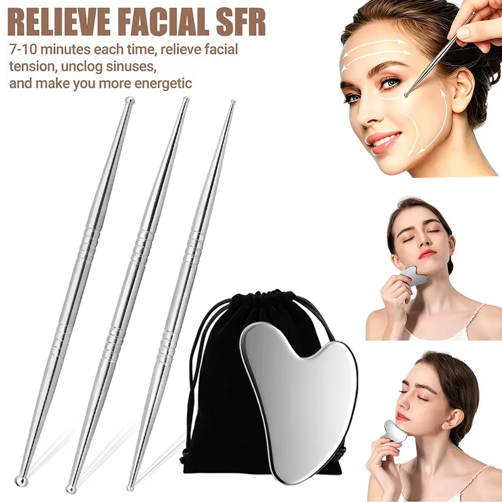 4pcs Stainless Steel Massage Tool Set, Gua Sha Scraper, 3 Massage Sticks, 6 Needle Tips, Facial Shaping, Facial Beauty Massagers, Lymphatic Drainage, Muscle Relaxation