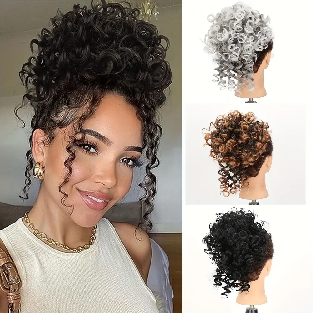 A women's short curly messy bun hairpiece suitable for all hair types, synthetic ponytail bun with drawstring, suitable for various occasions, elastic ponytail hair accessory, easy to wear, ideal for Halloween
