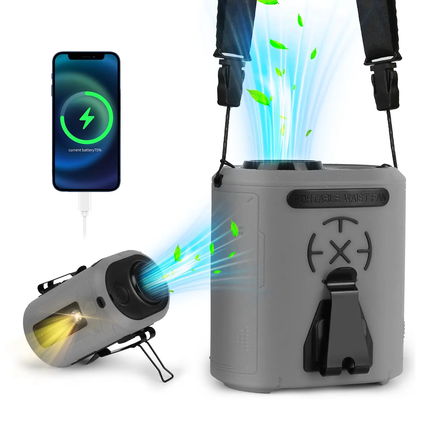 5-in-1 Portable Wearable Waist Clip Fan - 5-Speed Adjustable, 10000 mAh Battery, Flashlight, Hands-Free Design - Ideal for Camping, Travel (Sports & Outdoor Leisure Equipment)