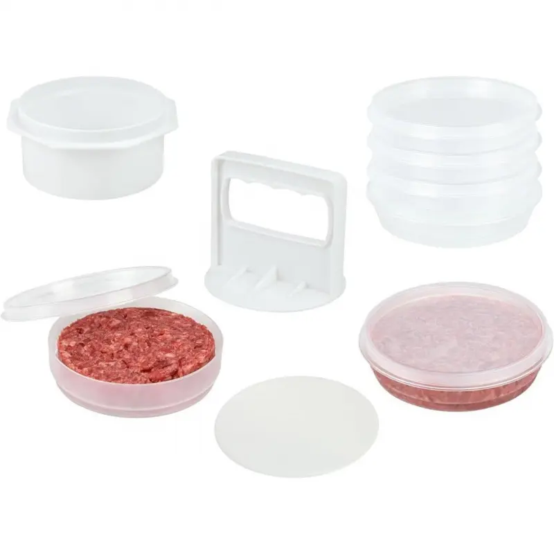 Press Patty Maker - 4 in 1, Burger Mold, Patty Press, 8 Storage Containers, 100 Round Papers - Hamburger Patty Maker Tool for BBQ - Burger Shaper for Meat, Veggie Patties