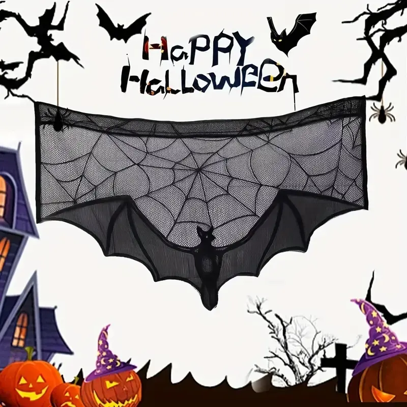 Gothic Halloween Bat and Spider Web Curtain, Double-Sided Lace Polyester Washable Window Decor, Rod Pocket Design for Living Room, Bedroom, Office