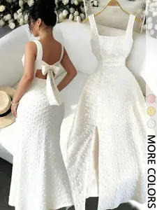 Women's Sleeveless Square Neck Side Slit Long Dress, Plain Casual Style, Essential for Weddings & Parties, Perfect for Special Occasions