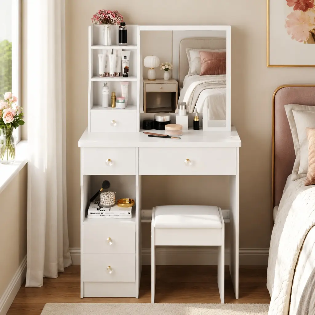 MDF Wood Compact Makeup Vanity Table Set (12.6in W x 29.2in D x 50.4in H, 48.0lb) - Cushioned Stool, Left Drawer, Sliding Mirror, Multi-Layer Storage, White Dresser, Simple Configuration, Small Space Design, Assembly Required (2-3 Hours), Extra-Large Mirr