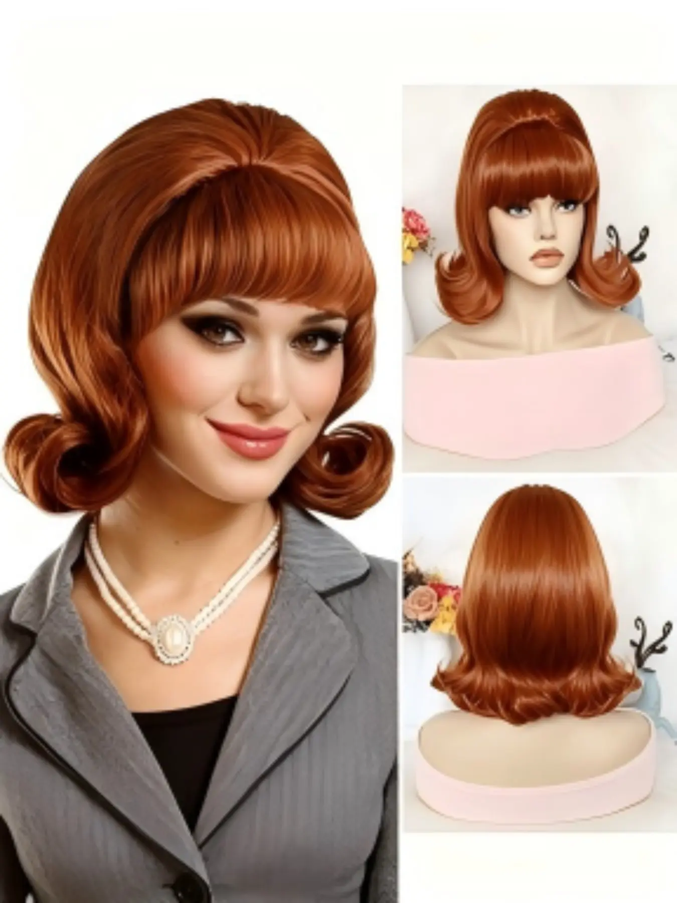 12 Inch Retro 60s Bob Wig, Ginger /, High Volume Bangs, Women's Vintage Halloween Party Cosplay Wig