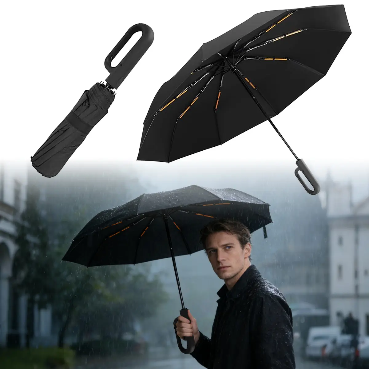 Automatic Folding Umbrella 1 Count 60pcs Portable Rain Umbrella with Loop Buckle Windproof Waterproof for Men Women