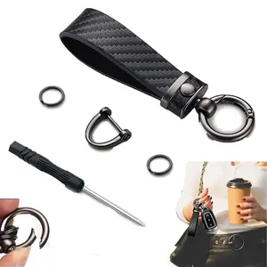 Carbon Fiber Style Key Chain, Microfiber Leather Key Fob Holder, 360 Degree Rotatable Anti-Lost D-Ring Keychain, Durable Car Key Holder for Men Women Daily Use