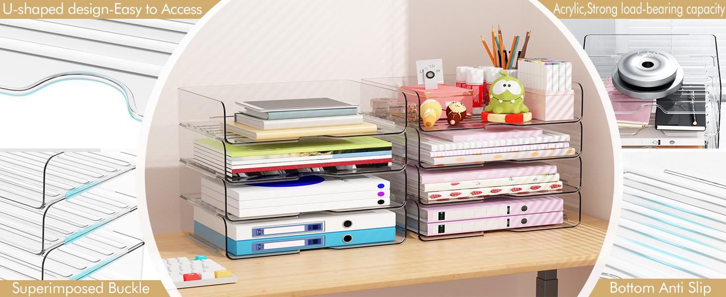 Paper Organizer Letter Tray, 4 Pack Acrylic Stackable Desk File Organizer for Files, Papers, iPads, Letters, A4 Office Files, Books, Notes, Etc