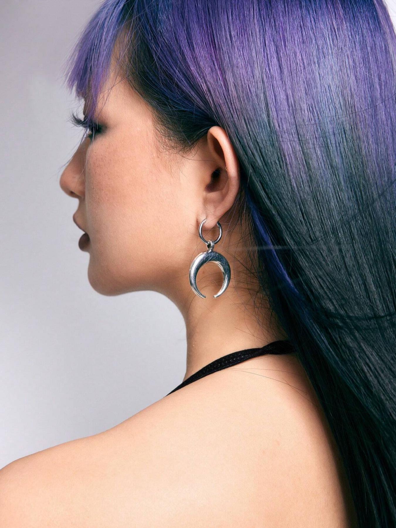 Moon Shaped Dangle Earrings, Punk Exaggerated Silver Horn Earrings, Fashion Ear Jewelry for Party, Daily Clothing Decor, Trendy All-match & Exquisite Jewelry for Gift