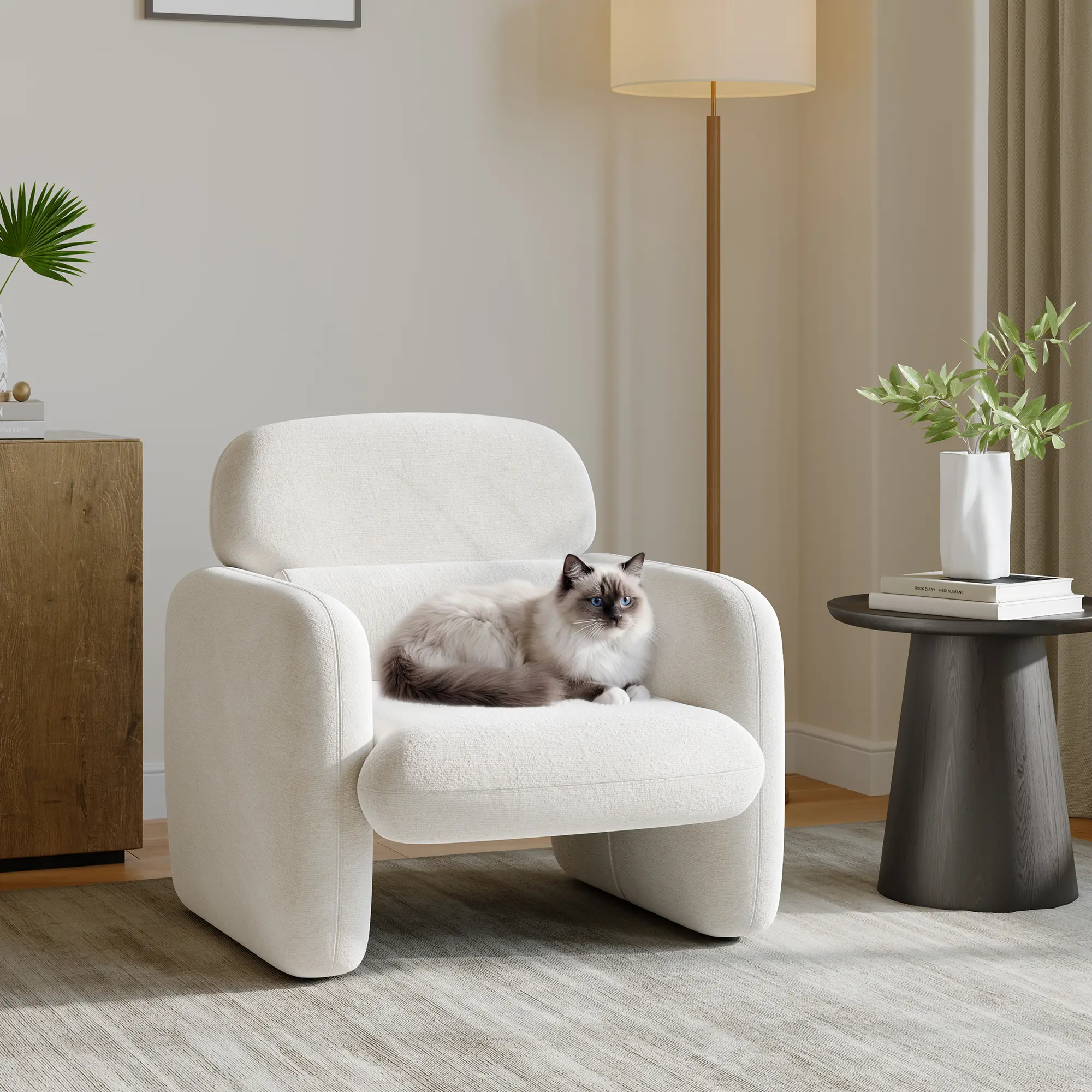 Comfortable Modern Accent Chair – Upholstered Armchair with Sturdy Wood Frame – Soft Padded Seat for Living Room, Bedroom, Office, or Apartment – Brown, White, Gray