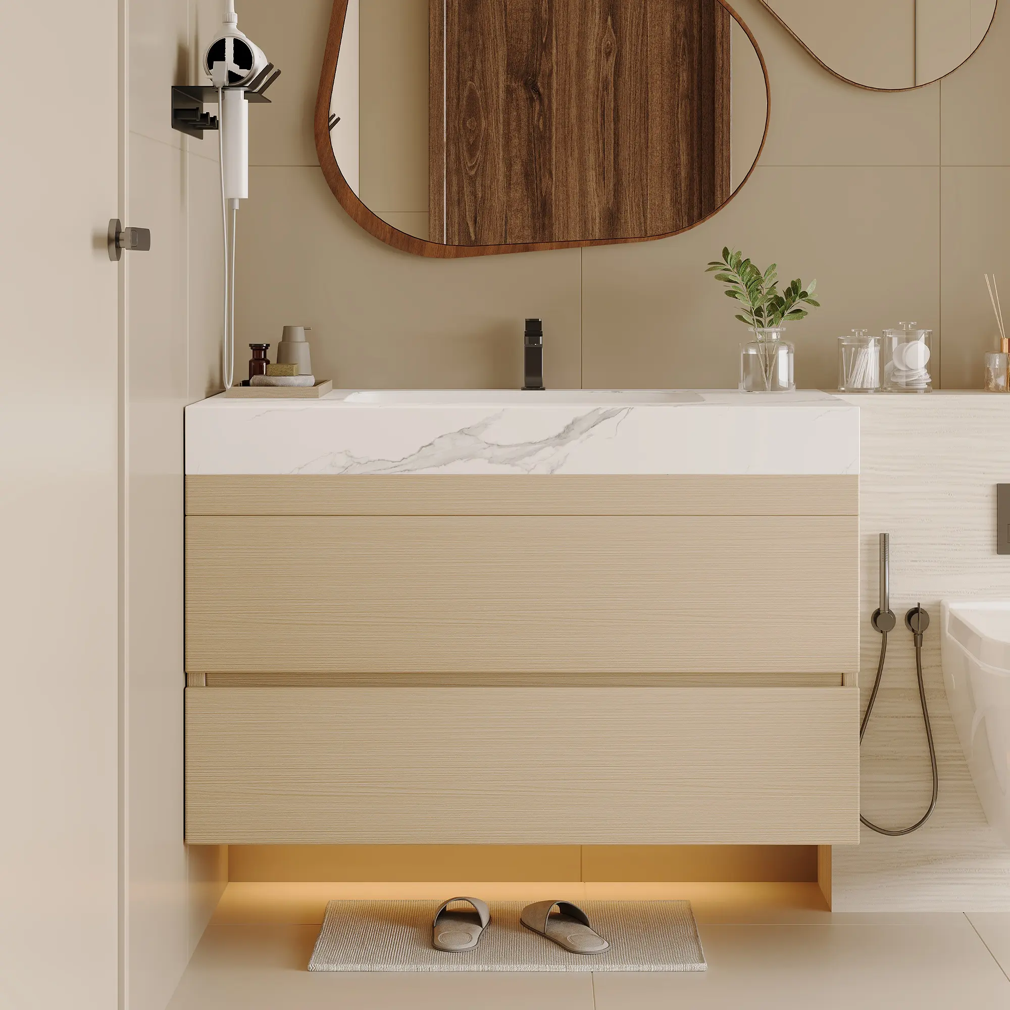 Nokaa 29.9" Wall-Mounted Bathroom Vanity with Sintered Stone Top & Ceramic Undermount Sink, Soft-Close Drawers, Bronze Gold Handles, for Small Bathrooms, Apartments, Powder Rooms, White/Wood Color Options