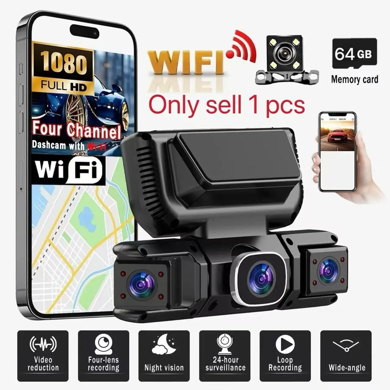 1080P HD Quad Camera Dash Cam, Front Back Left Right Cameras, Wireless WiFi, Night Vision, 64GB Storage, Car Dashboard Camera, Car Dashcam, Dashcams For Cars