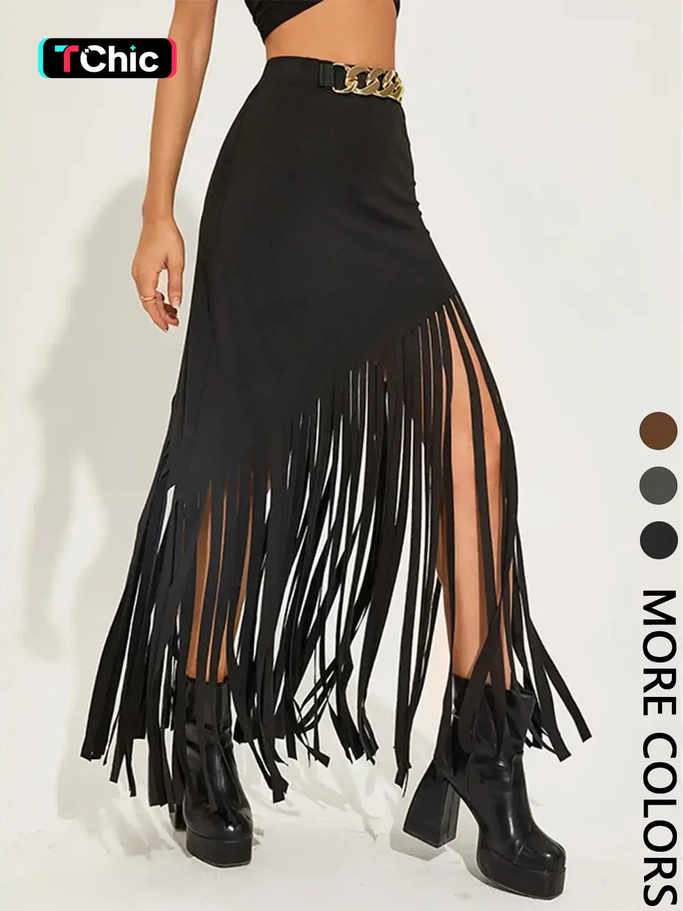 Women's Solid Color Fitted Fringe Trim Skirt, Aesthetic Fashionable Long Maxi Skirt for Party Club Dating Wear, Women's Bottoms for Summer, Womenswear, Gothic Style Skirt, Goth Punk Skirts, Fitted Design Skirt