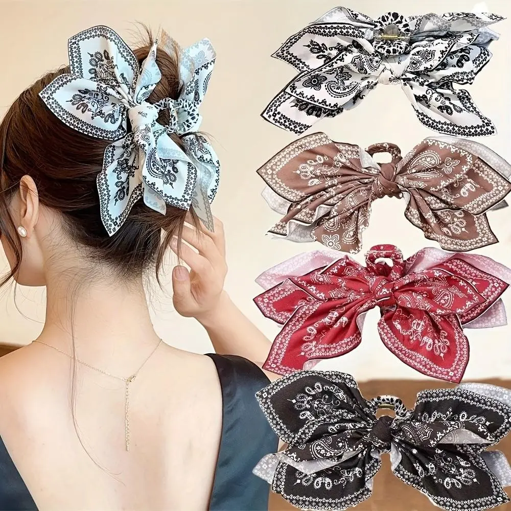 Set of 4 Vintage Double-Sided Paisley Print Bow Hair Clips, Stylish Large Decorative Claw Clips, Perfect for Daily Wear or Festive Parties, Bows for Hair