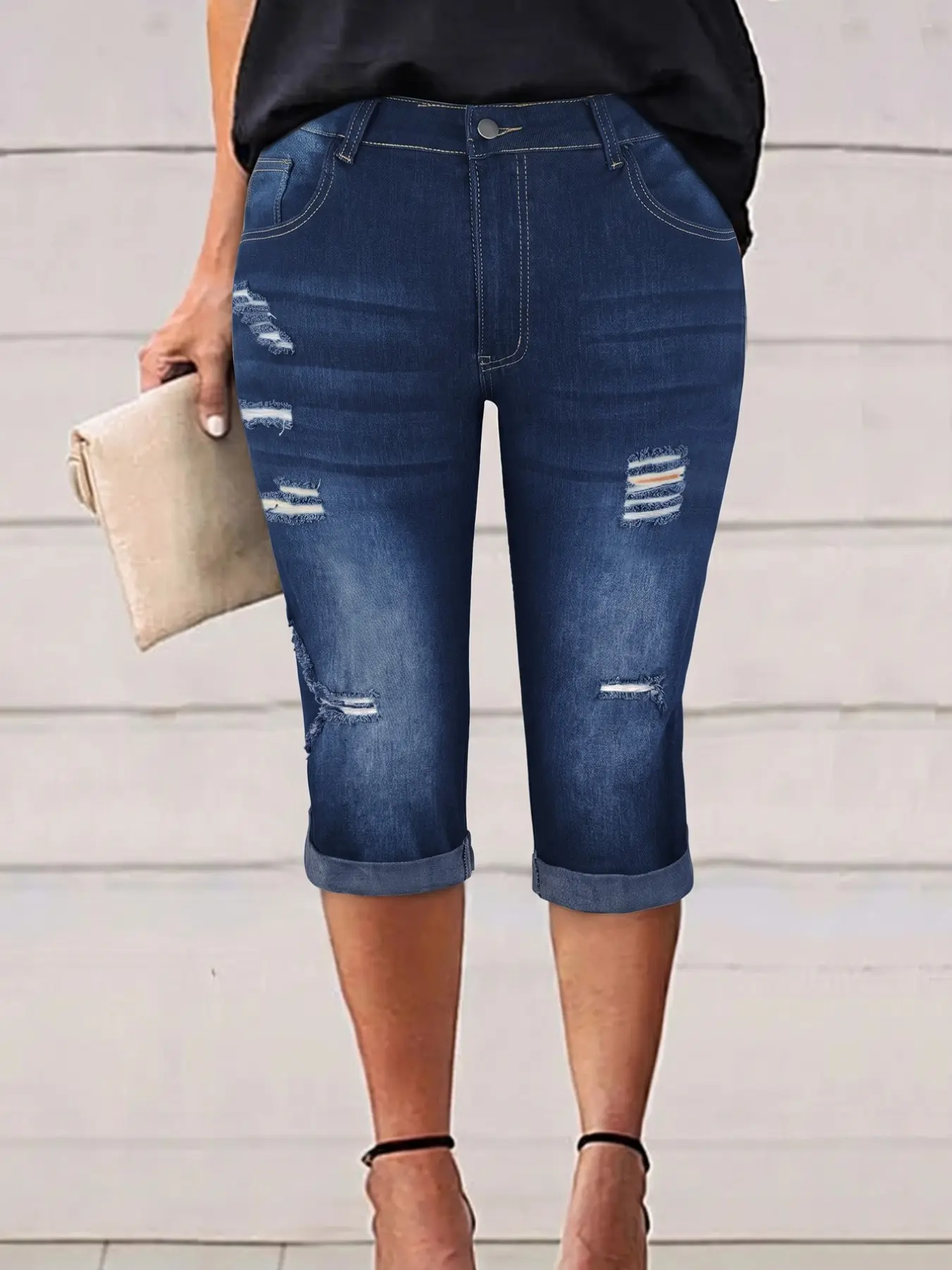 Plus Size Dark Wash Ripped High Waist Tummy Control Fit Capri Jeans, 4-Way Stretch Cropped Mom Jean, Casual Summer Denim Jeans for Women