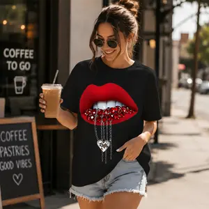 Womens Oversized Graphic Tee Casual Crewneck Short Sleeve Shirt Red Lips Rhinestone Dripping Necklace Print Loose Fit Summer Streetwear Top